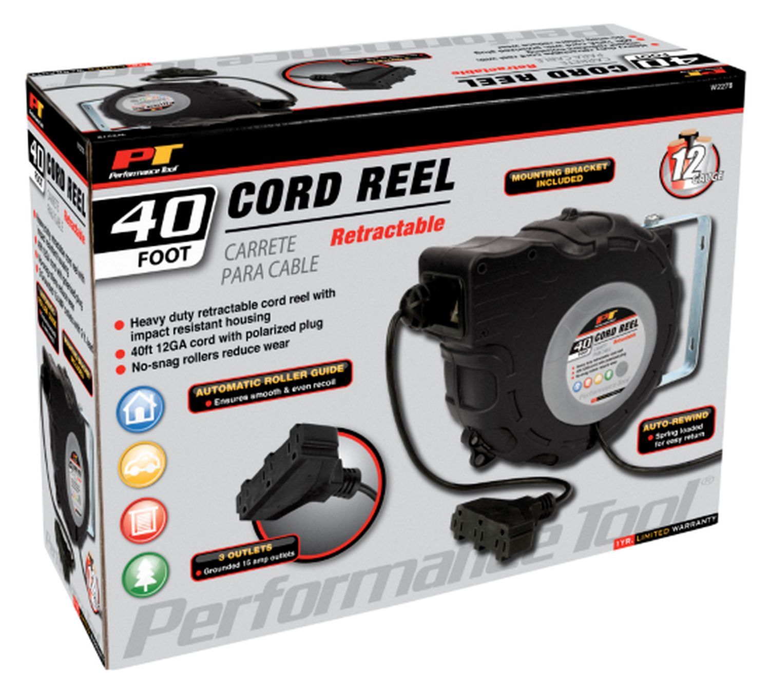 Performance Tool W2278 40 Foot 12 Gauge Retractable Cord Reel